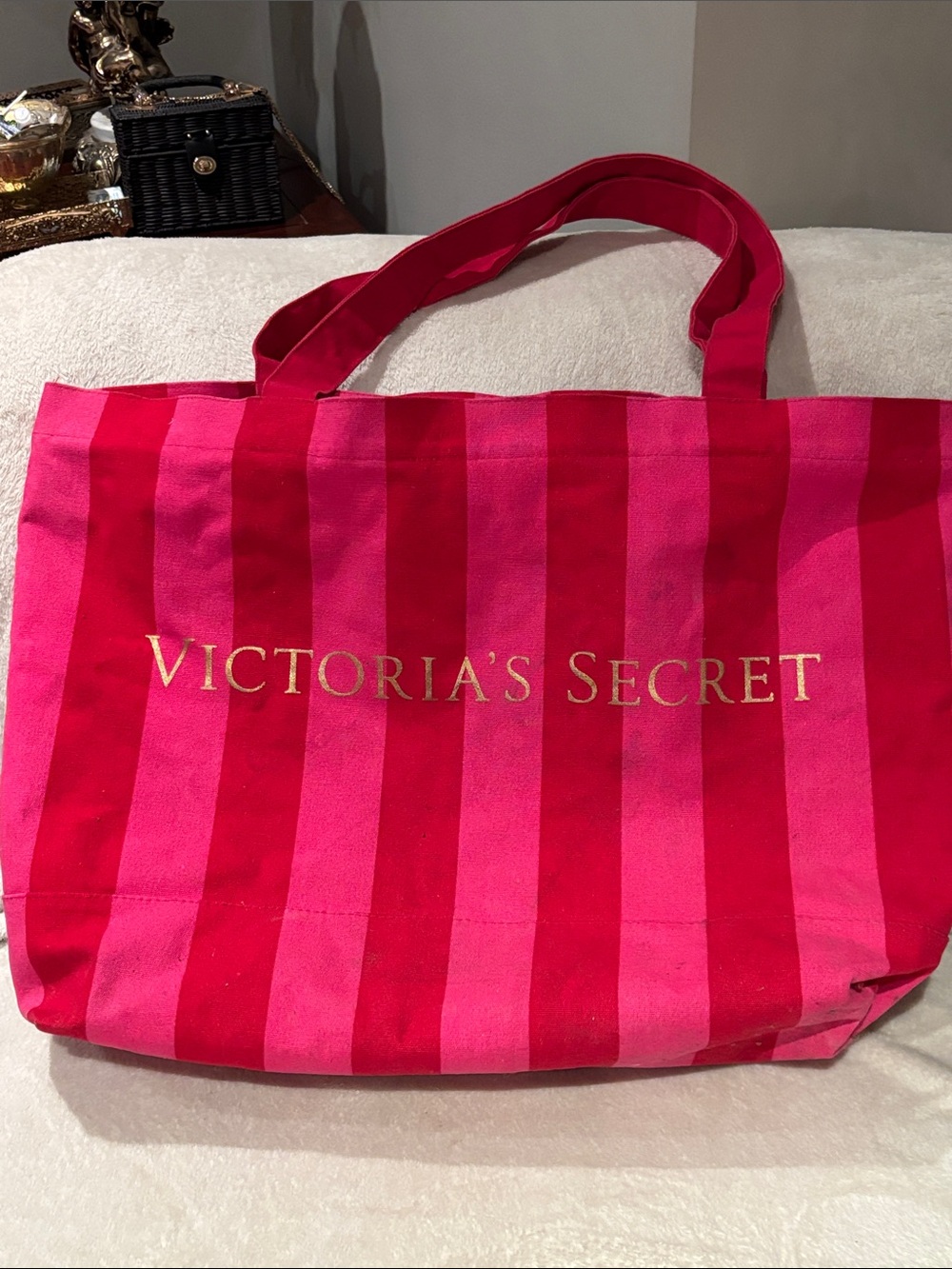 Victoria's Secret Red and Pink Striped Canvas extra large Tote